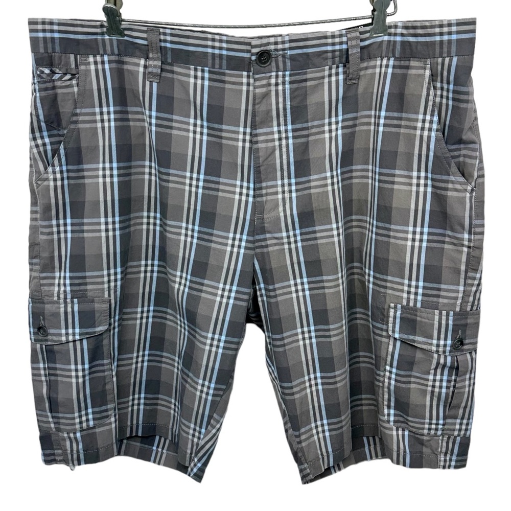 AGE OF WISDOM Cargo Shorts Size 42 Gray Blue Plaid Pockets Reg Fit Cotton